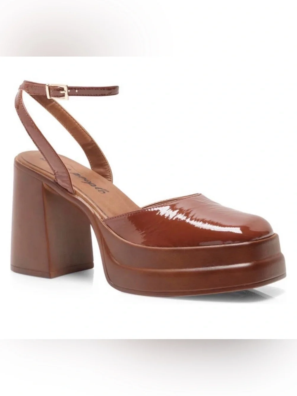 Free People Double Stack Platform Mary Jane Heels Brown Patent Leather 7.5 Boho